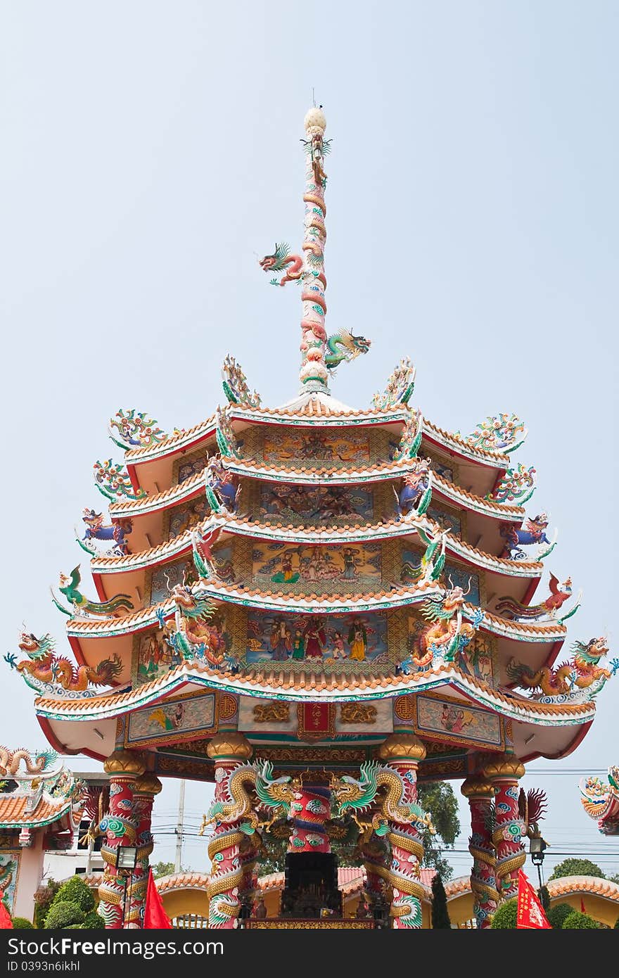 Part of beautyful Chinese shrine and the blue sky, Chonburi- East of Thailand