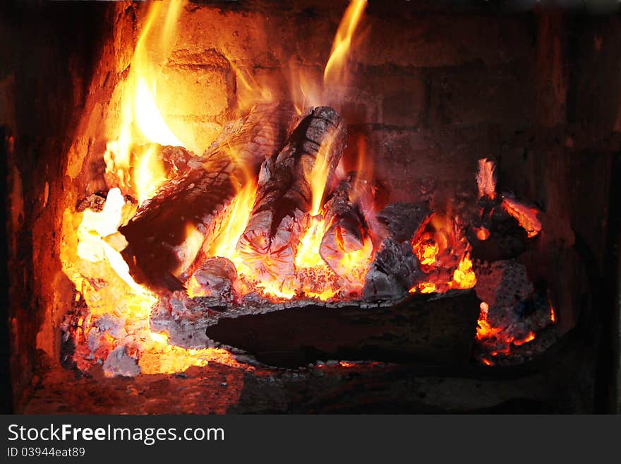 Fire in the fireplace closeup