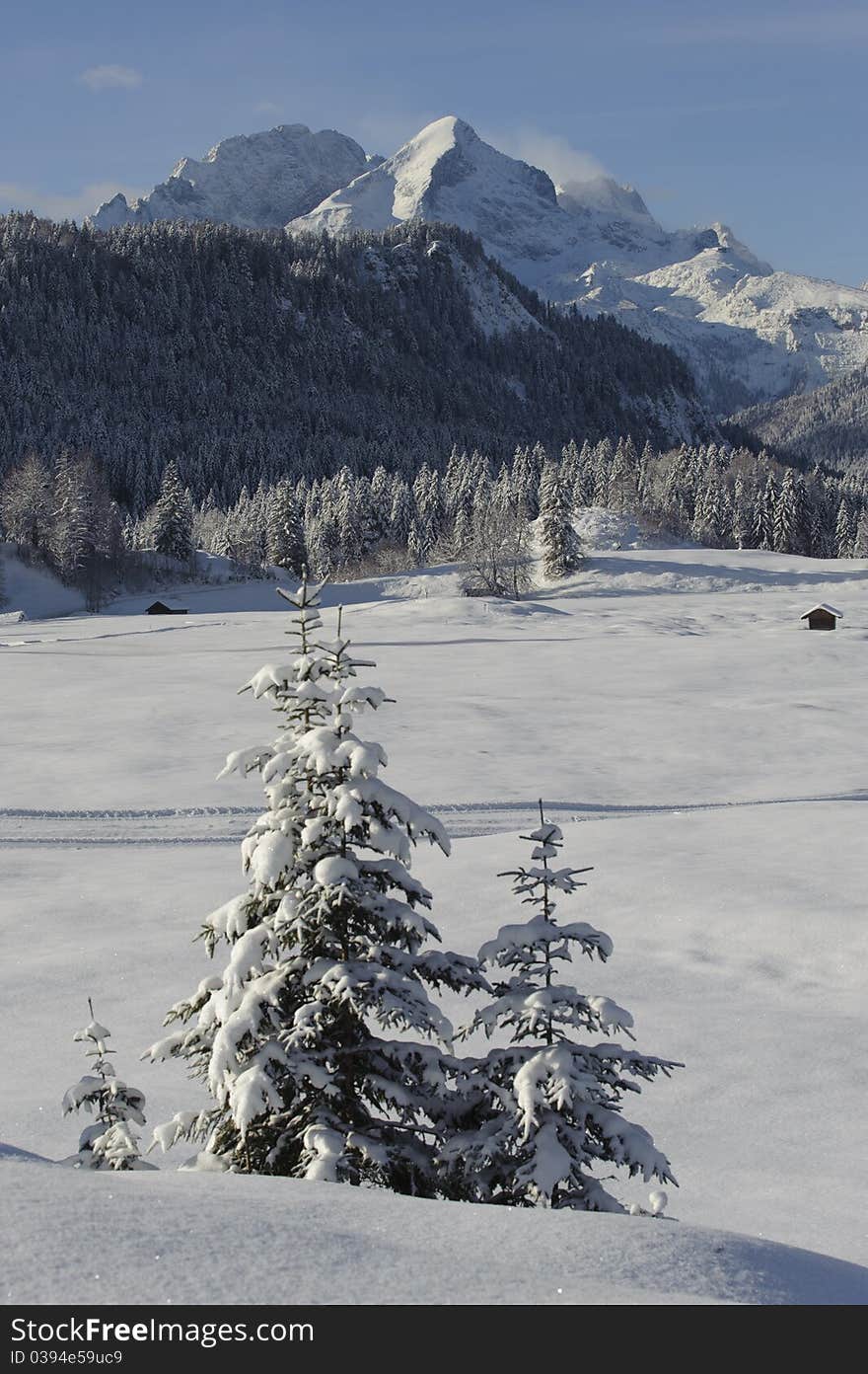 Winter landscape with snow at alp mountains in upper bavaria, germany