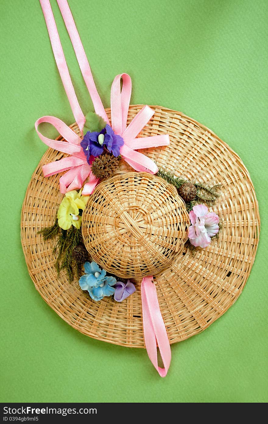 Small summer hat for doll isolated oer green background