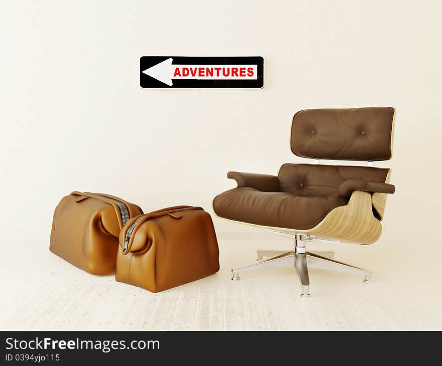 Two brown bags with brown armchair on white