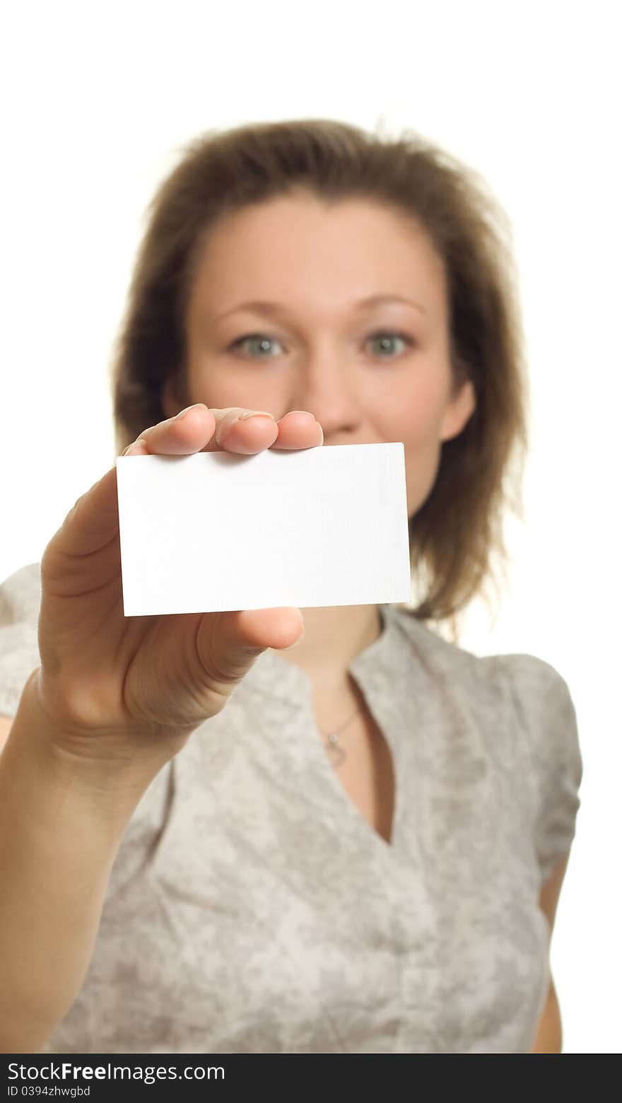 Woman holding blank paper sign / card. Woman holding blank paper sign / card