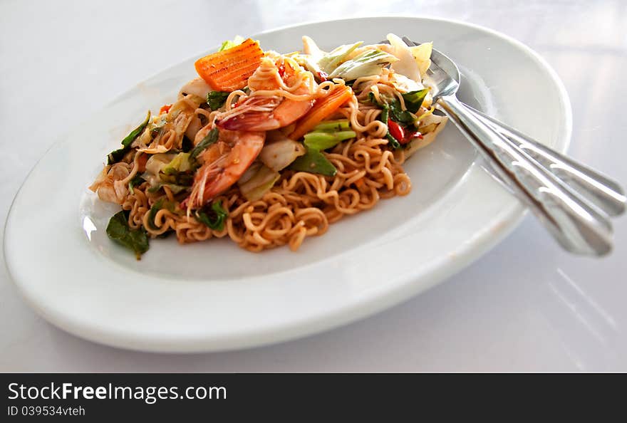 Dish Of Fried Noodle With Shrimp