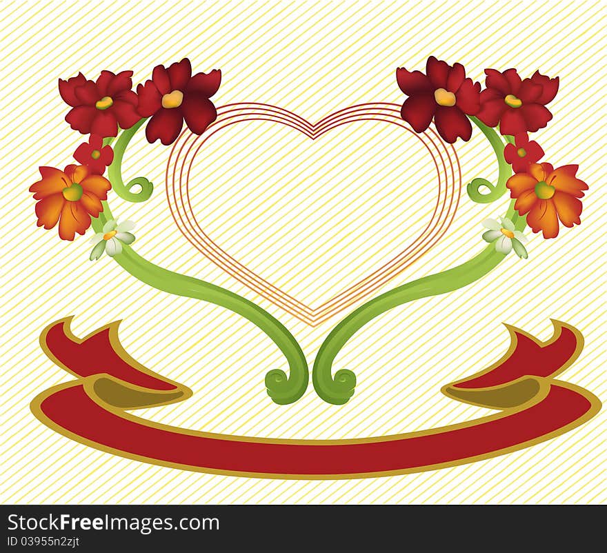 Vector illustraition of elegant floral frame with heart shape and banner