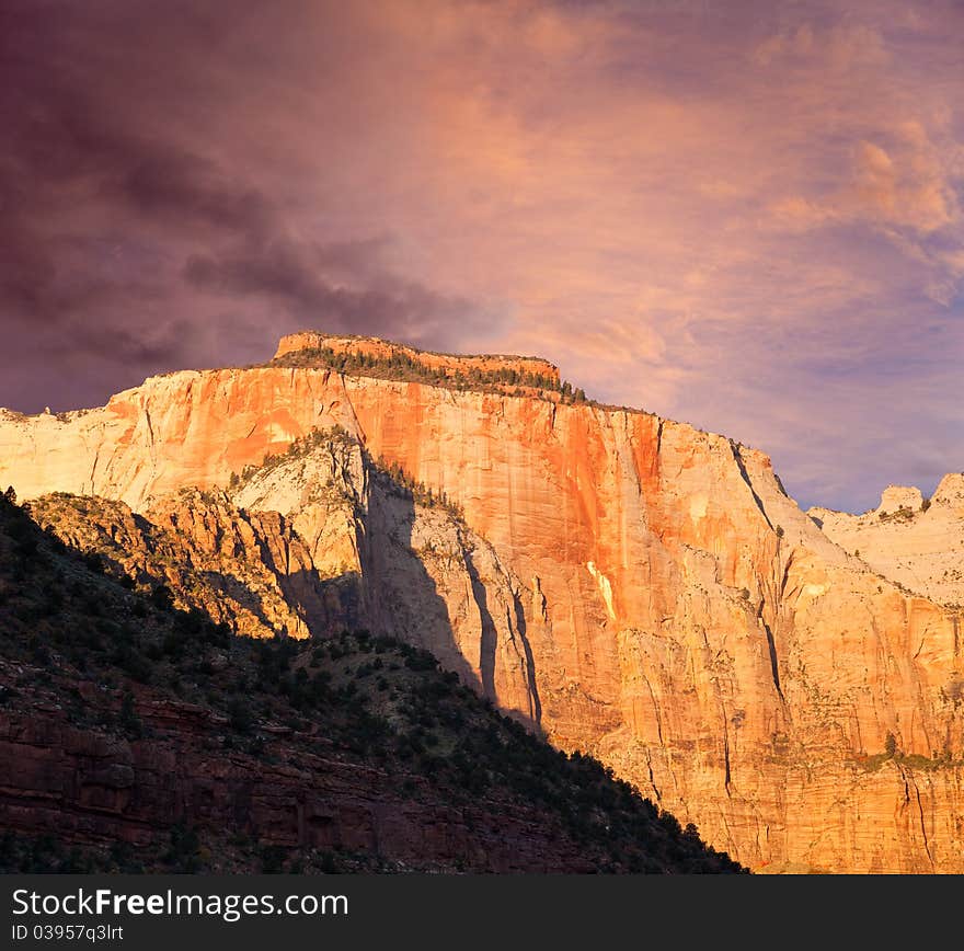 The West Temple Sundial peak at Zion Canyon National Park, Utah.