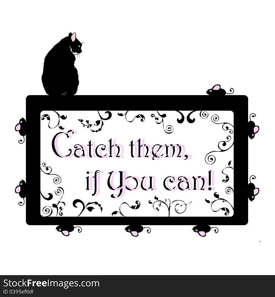 Floral Frame Vector with Cat and Mouses. Floral Frame Vector with Cat and Mouses