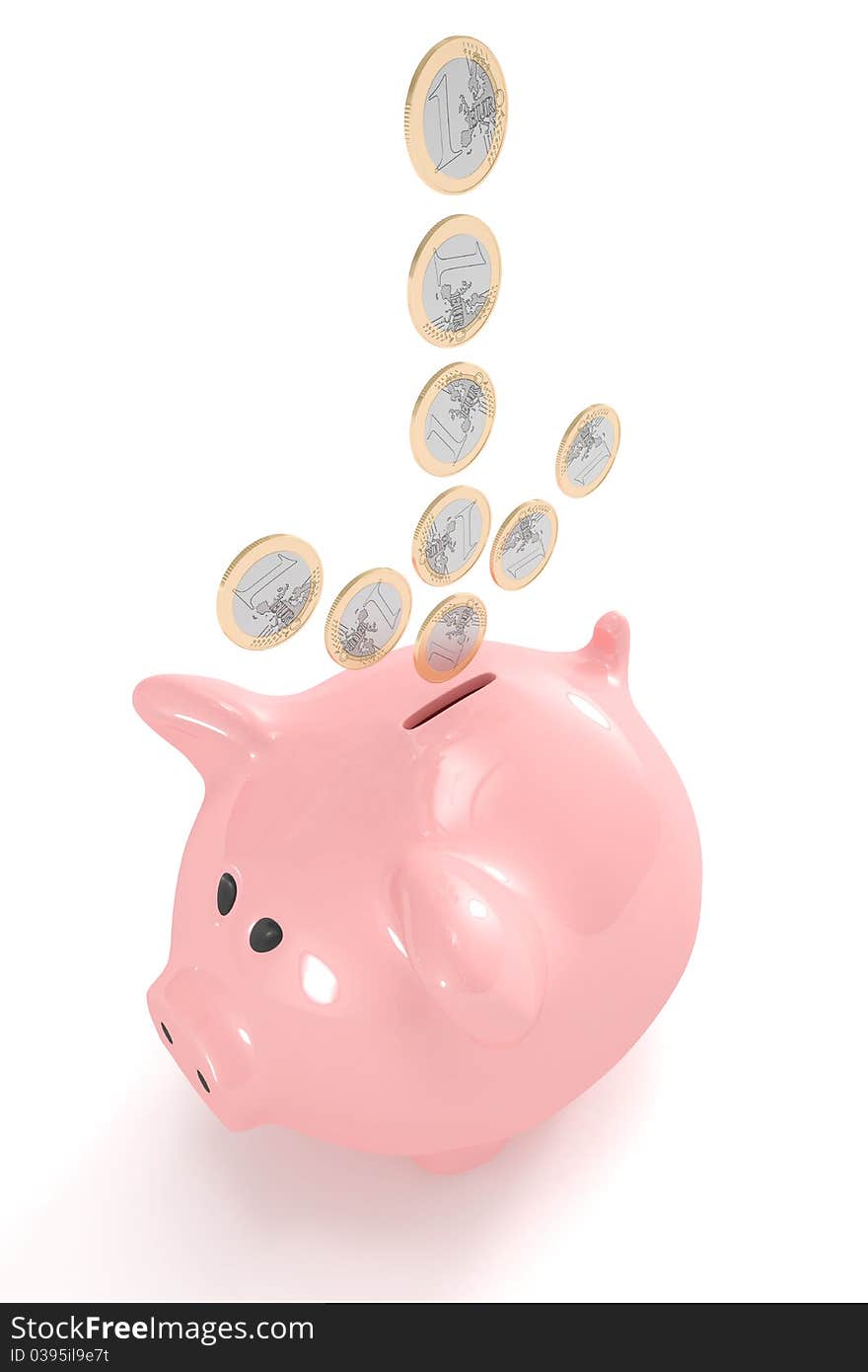 High quality 3d image of an arrow made out of coins pointing towards a piggy bank