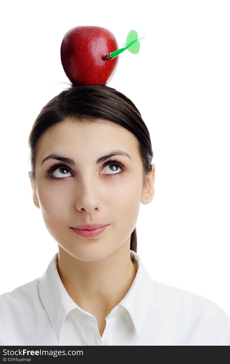 An image of girl with apple on her head. Apple with dart. An image of girl with apple on her head. Apple with dart