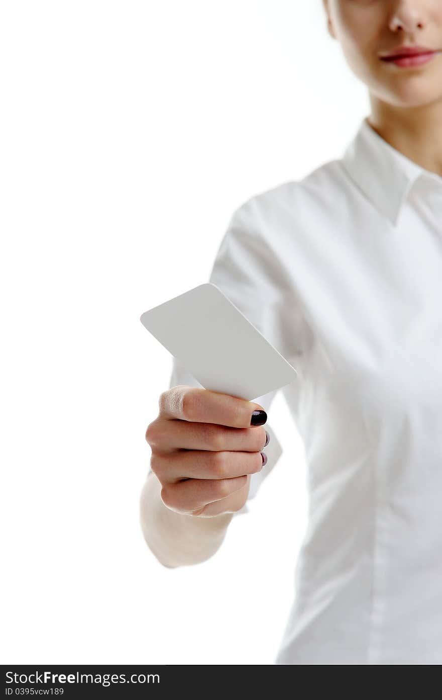 Woman holding businesscard in hand. Focus on card. Woman holding businesscard in hand. Focus on card.