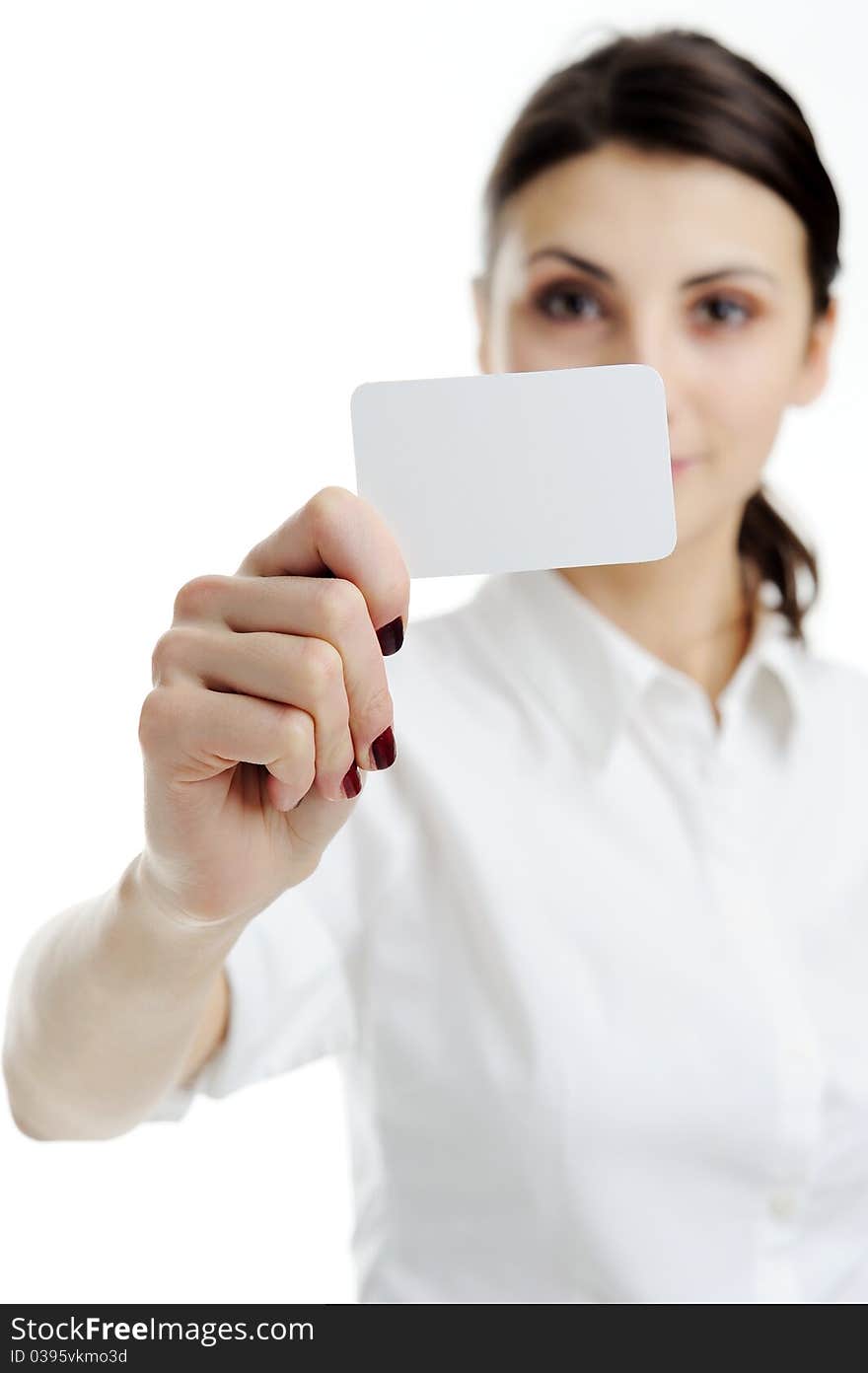 Woman holding businesscard in hand. Focus on card. Woman holding businesscard in hand. Focus on card.