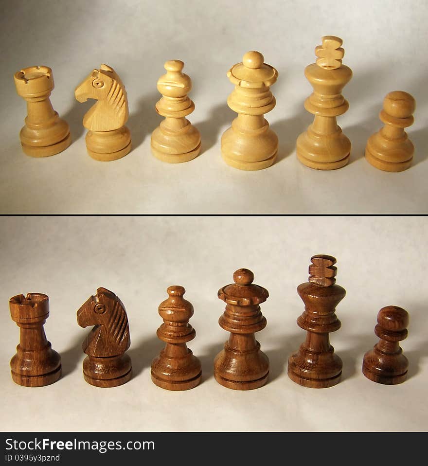 Both sides of a wooden chess set.