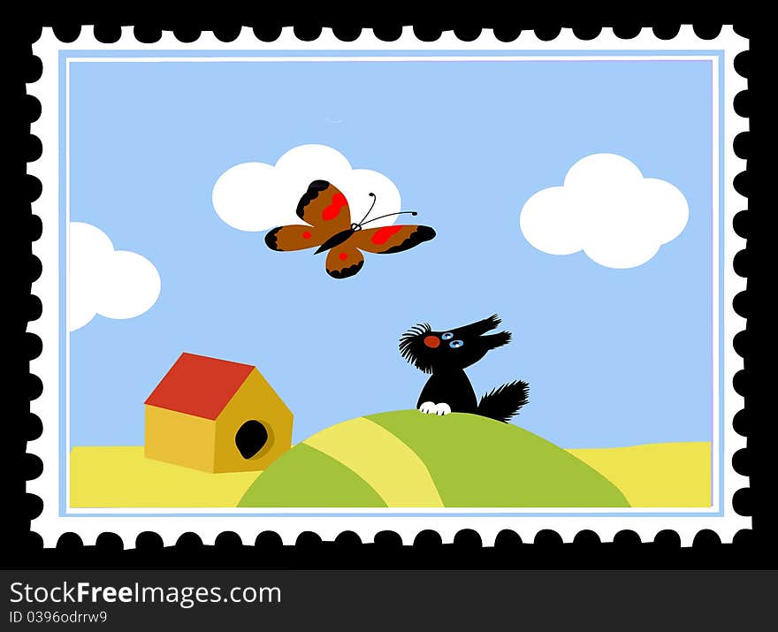 Vector postage stamps on black background