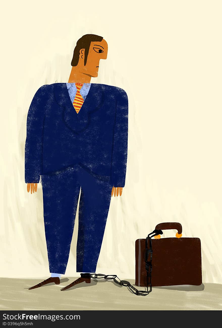 Businessman with a foot chained to a brown suitcase. Businessman with a foot chained to a brown suitcase