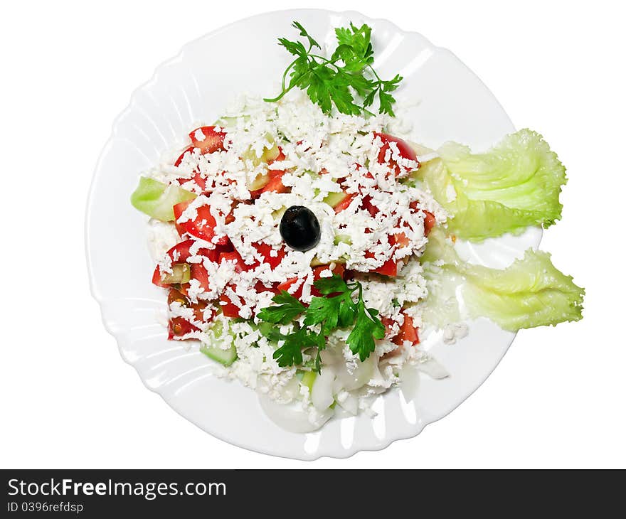 Vegetable salad with feta cheese isolated on white. Vegetable salad with feta cheese isolated on white