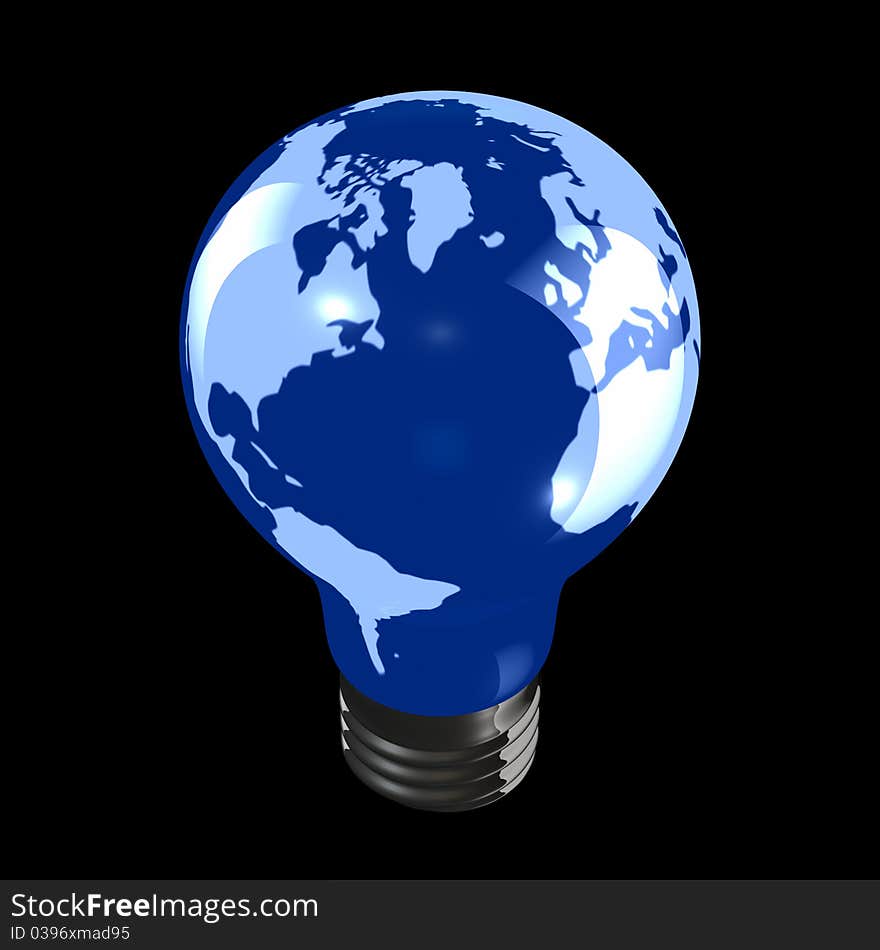 Blue globe light bulb facing the Northern Atlantic between America and Europe