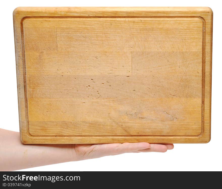 In his hand a wooden signboard