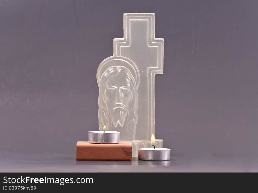 Large Glass Scuplted Jesus Christ Icon with Candles. Large Glass Scuplted Jesus Christ Icon with Candles