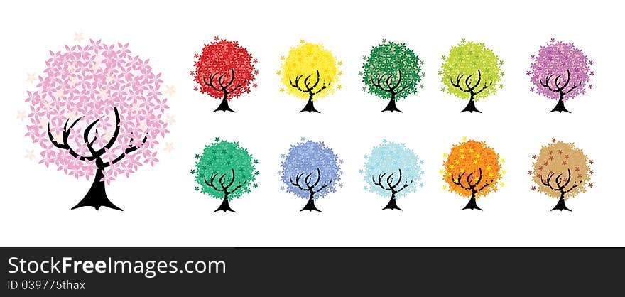 Set of 11 floral trees, symbol of nature. Set of 11 floral trees, symbol of nature