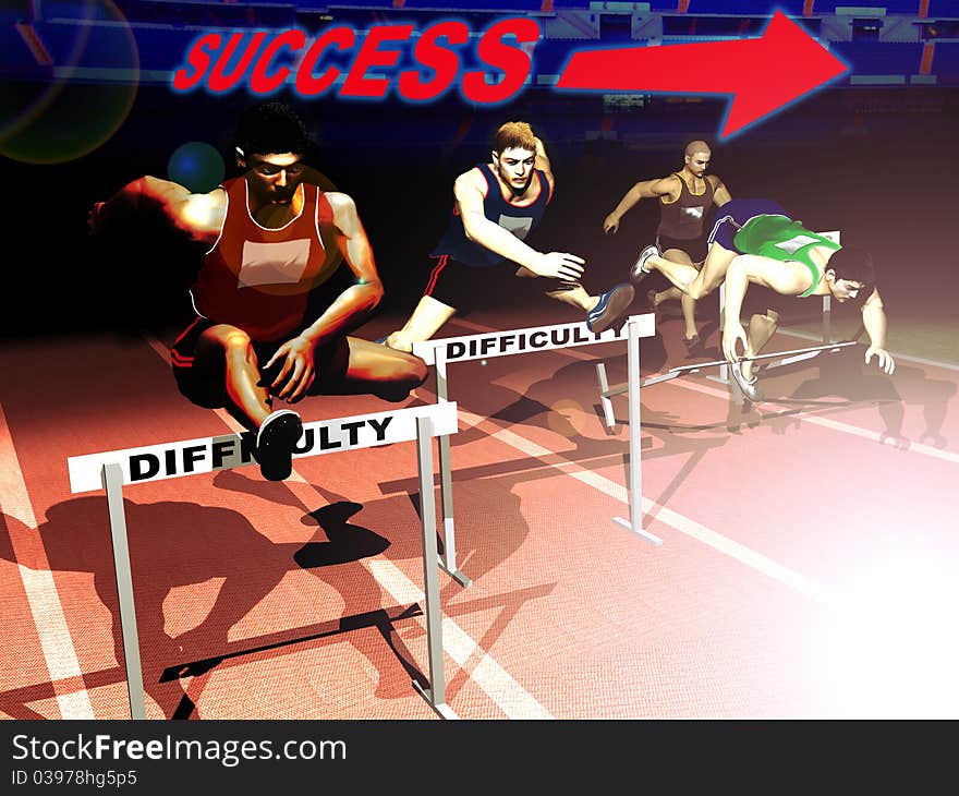 Several competitors running a hurdle race. The purpose is the success, the victory, it why it is necessary to avoid the difficulties. Several competitors running a hurdle race. The purpose is the success, the victory, it why it is necessary to avoid the difficulties.