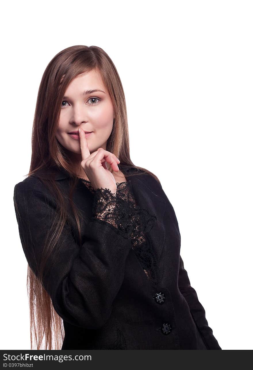 Beauty woman in business suit with lace- silence sign. Beauty woman in business suit with lace- silence sign