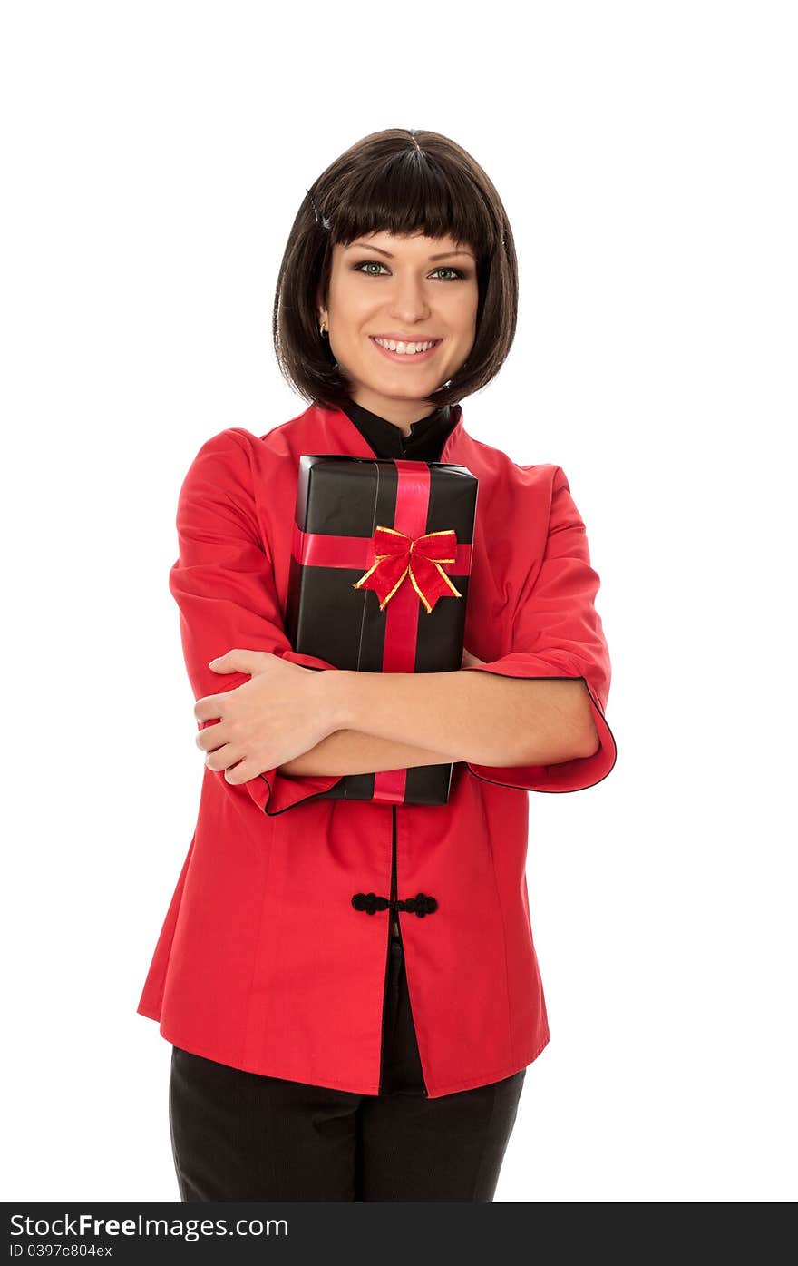 Woman holding a black box with red bow as a gift. Woman holding a black box with red bow as a gift