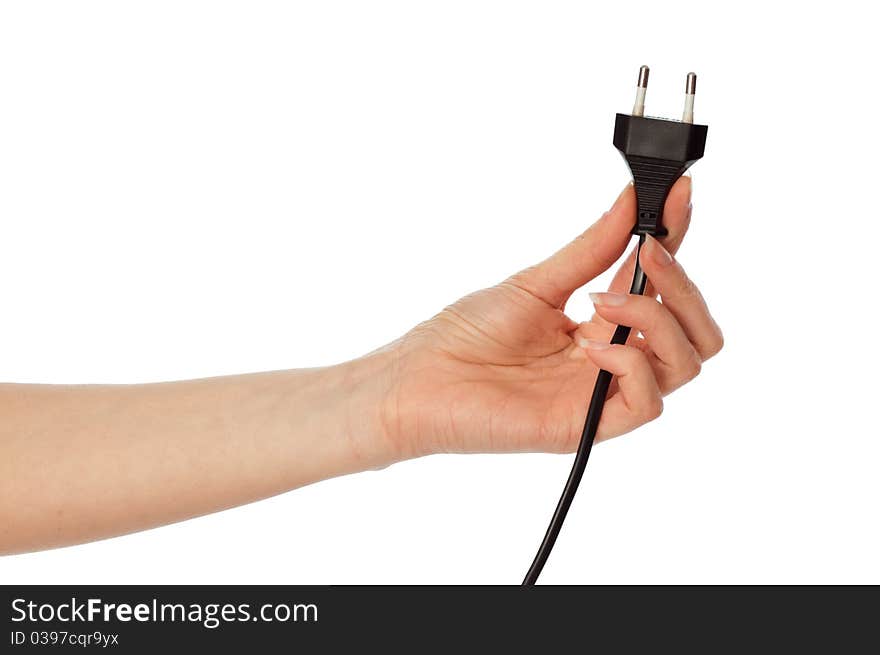 Woman holding black euro plug in the hand