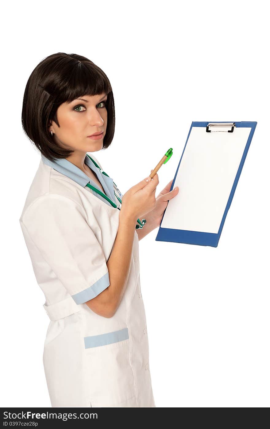 The doctor holding clipboard with blank paper in the hand