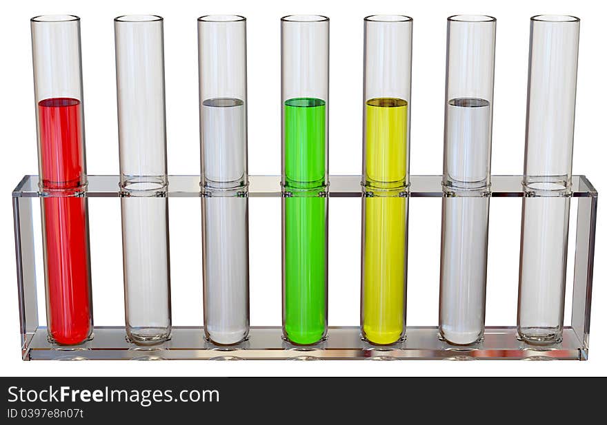 Seven tubes with chemical samples in a laboratory for making tests. Seven tubes with chemical samples in a laboratory for making tests