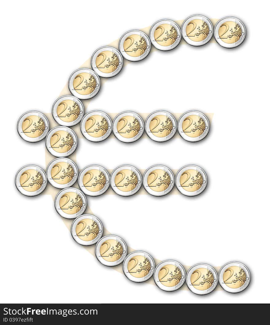 Euro sign made from coins isolated over white