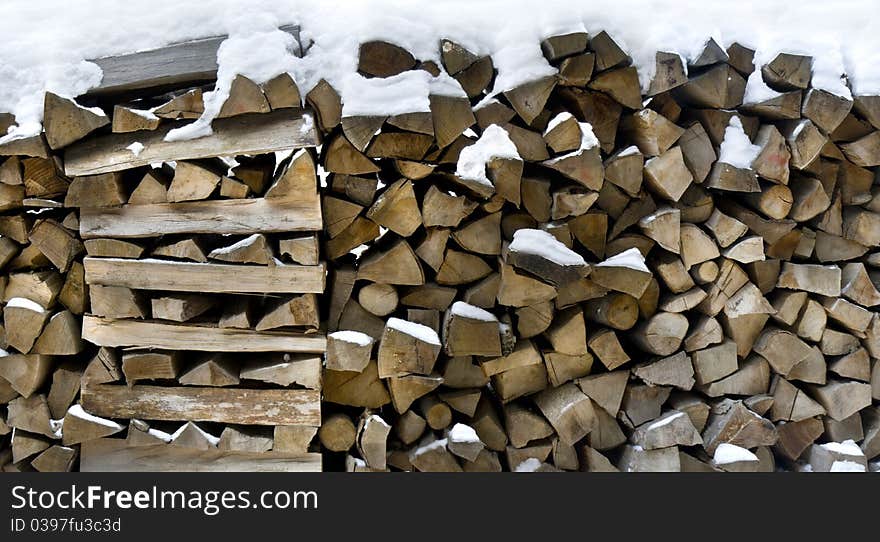 Pile of firewoods in winter ready to be put in fire