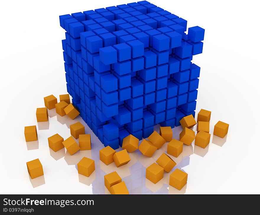 Big blue cube and more little cubes around at ground. Big blue cube and more little cubes around at ground