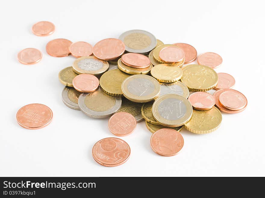 Euro coins heap isolated on white background