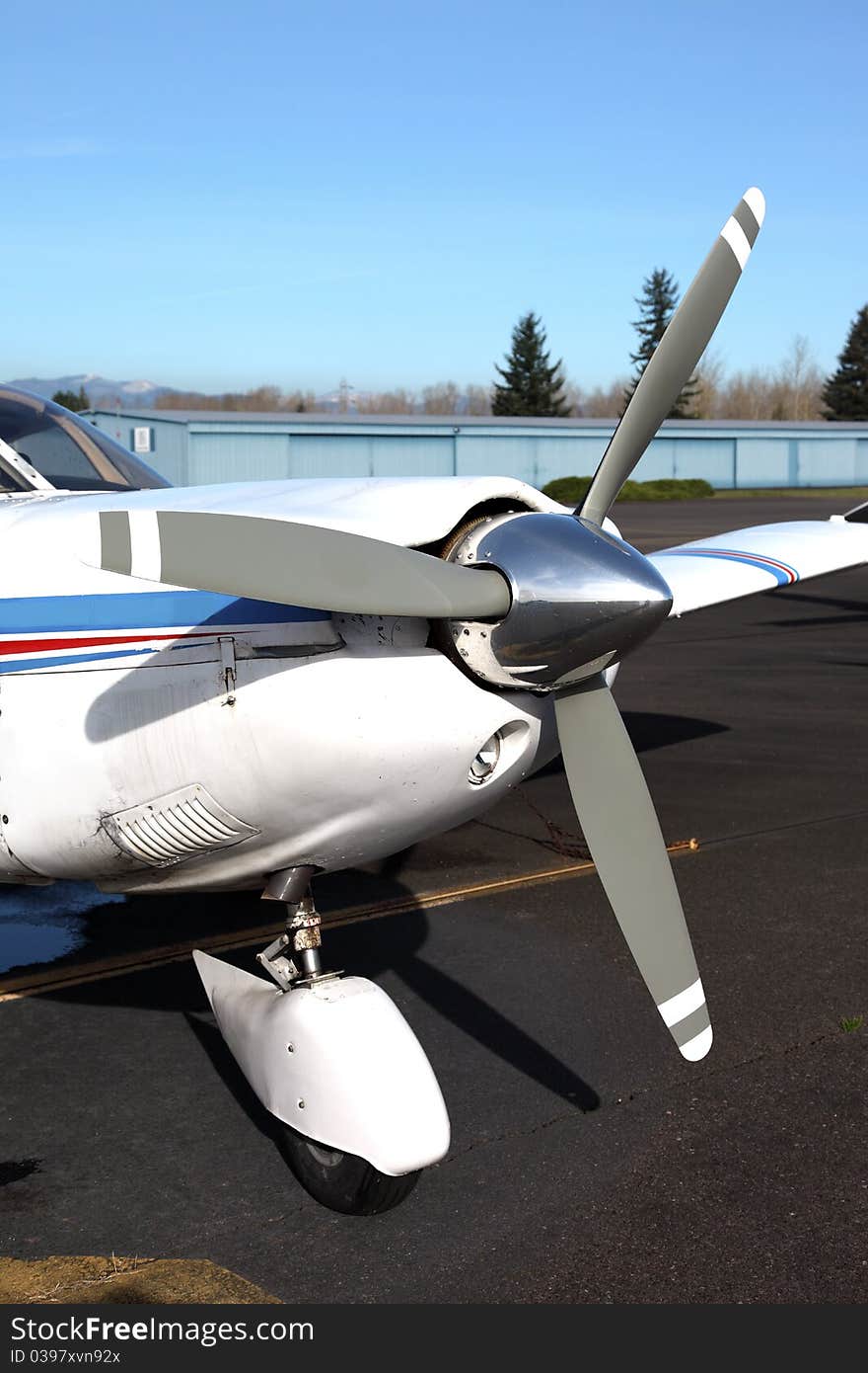 A small aircraft propeller of a single engine. A small aircraft propeller of a single engine.