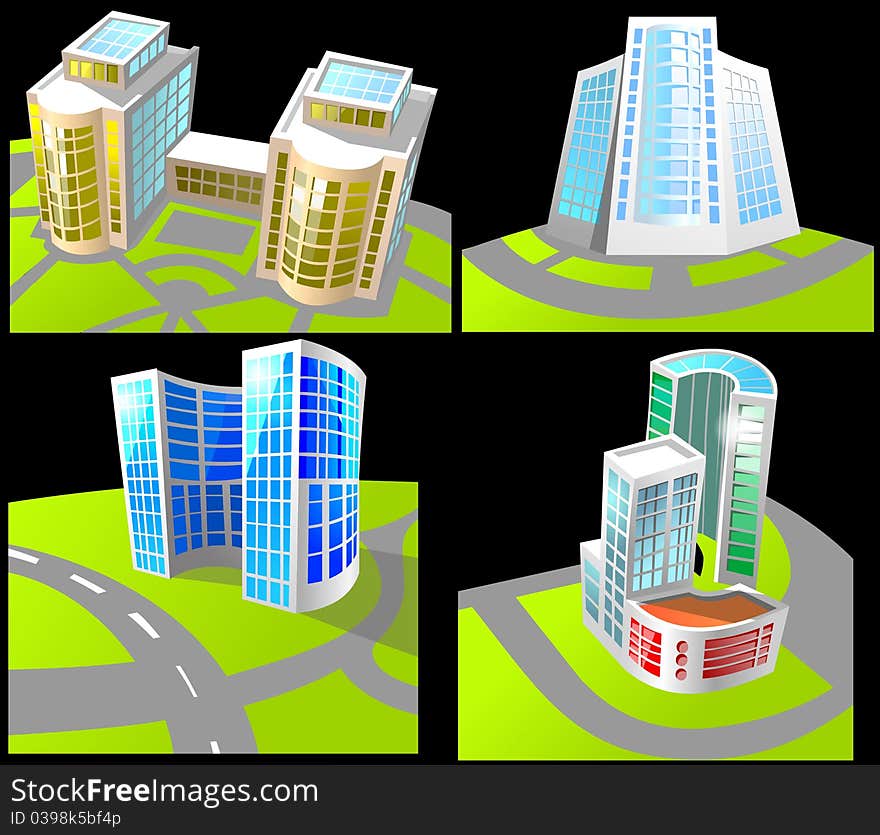 Set of four different buildings on black background in cartoon style. Set of four different buildings on black background in cartoon style.