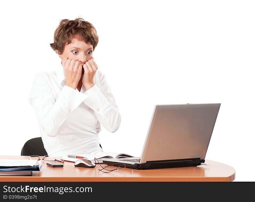 Beautiful  businesswoman working with laptop isolated on white background