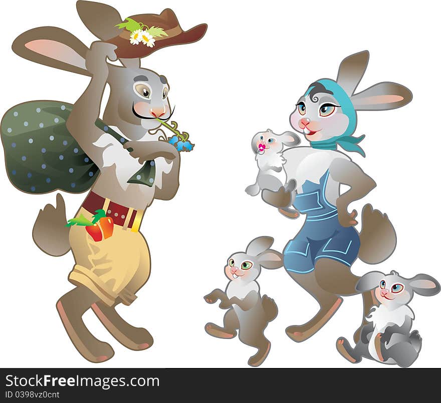 A family of rabbits for a walk. Vector on white background.Corel Draw.