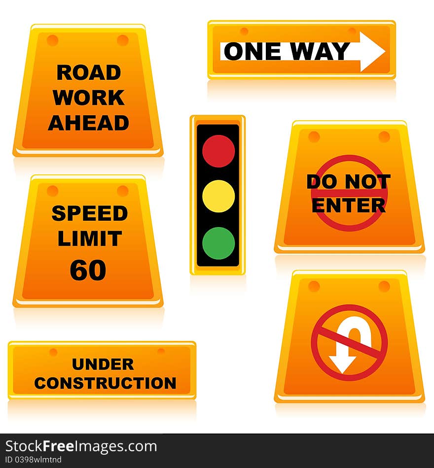 Illustration of traffic signal with boards on white background