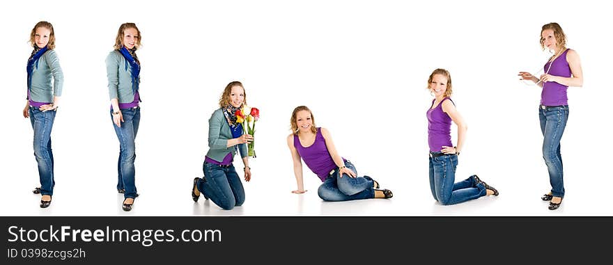 Young caucasian girl different poses isolated