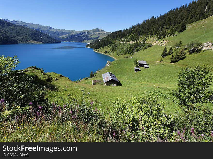 Roselend lake in french mountain. Roselend lake in french mountain