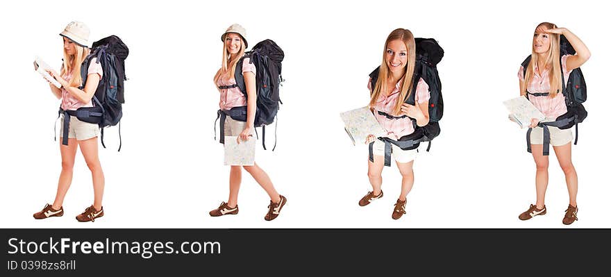 Girl With Backpack Isolated On White Different Pos