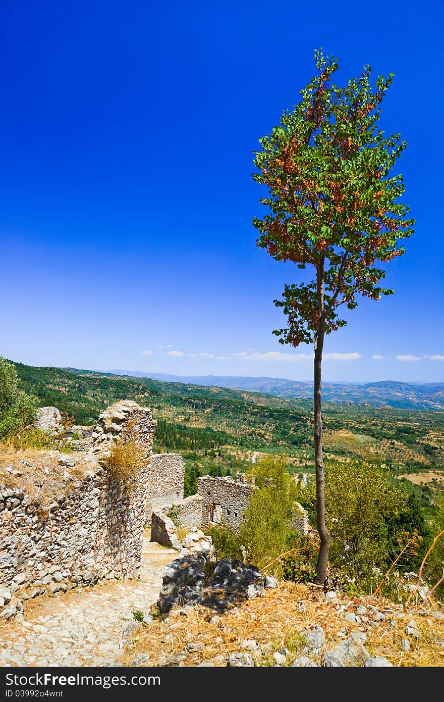 Ruins of old town in Mystras, Greece - travel background