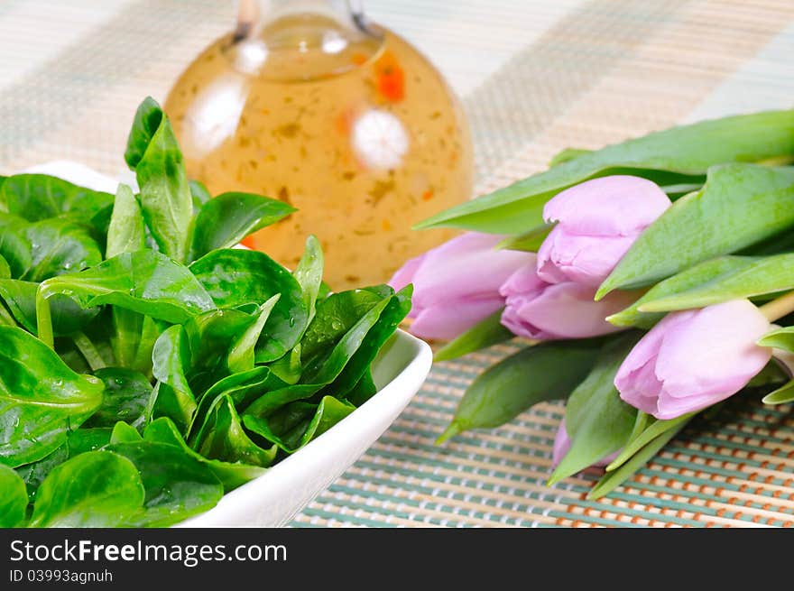 Corn salad with dressing and decoration.