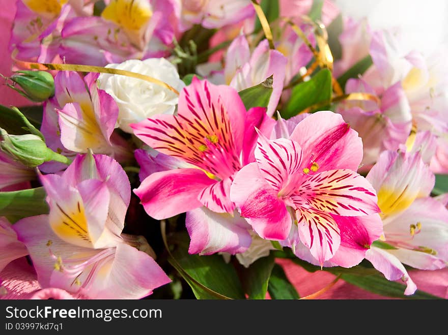 Pink wedding flowers bouquet on outdoors