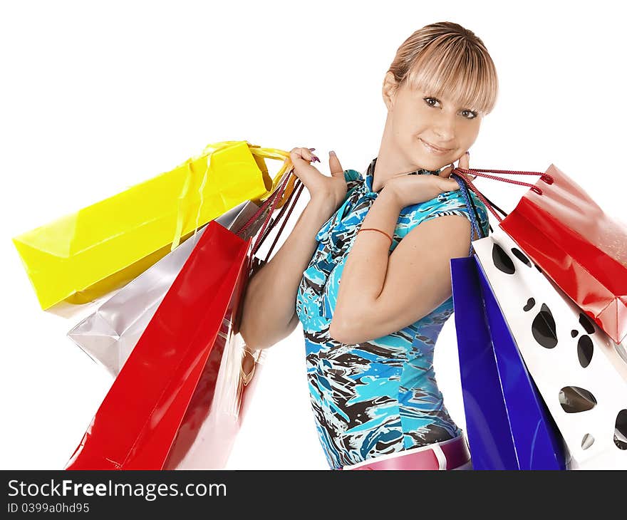 Portrait young adult girl with colored bags. Portrait young adult girl with colored bags