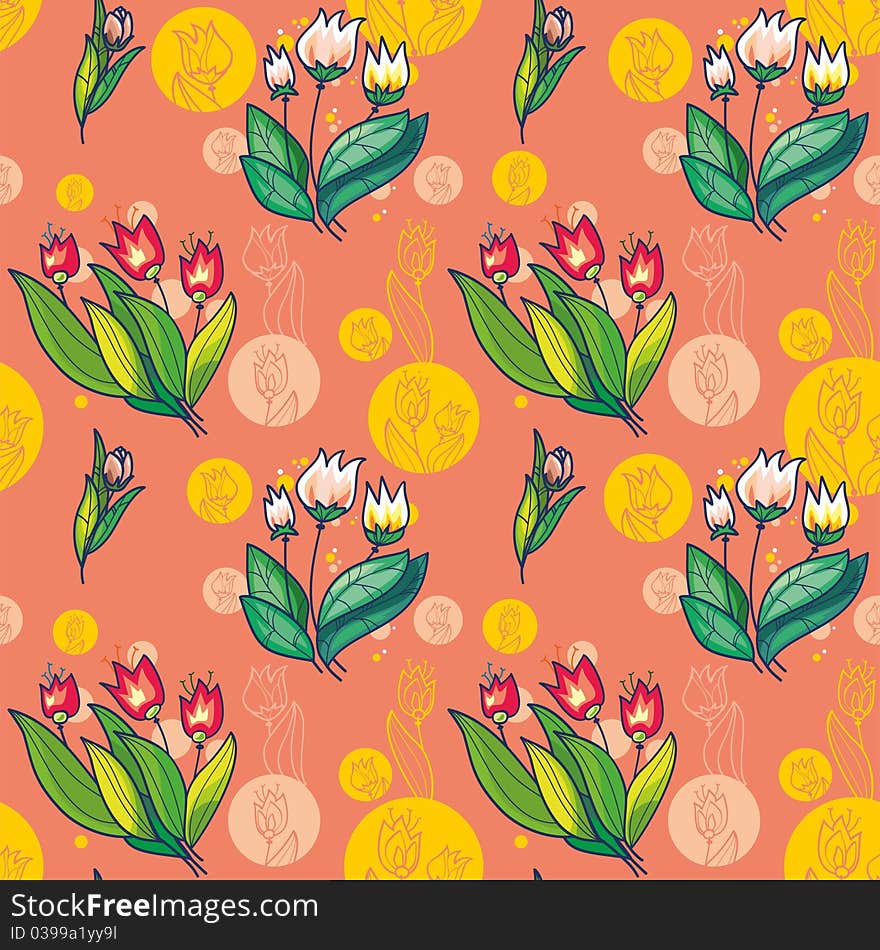 Floral seamless pattern of bright white and crimson tulips on a pink background with circles. Floral seamless pattern of bright white and crimson tulips on a pink background with circles