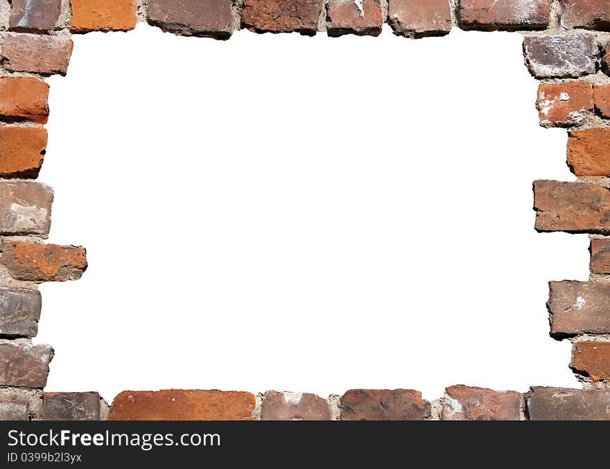 Old brick wall as a grungy frame, isolated on white background in the centre. Old brick wall as a grungy frame, isolated on white background in the centre