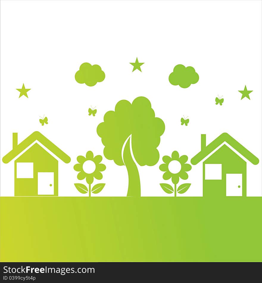 Ecological illustration with houses and plants