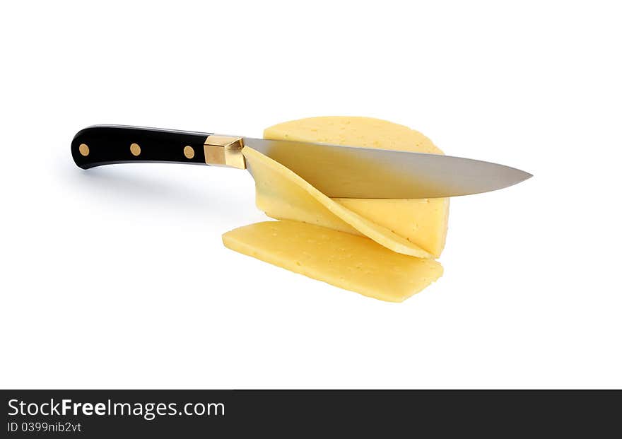 Sliced cheese and kitchen knife isolated on white background with clipping path