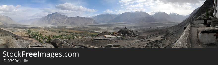 Panoramic view of the Nubra valley from the Diskit Monastery. Ladakh, India. Panoramic view of the Nubra valley from the Diskit Monastery. Ladakh, India