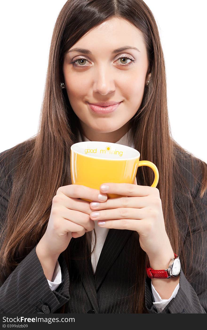 Portrait of  girl in business suit with cup